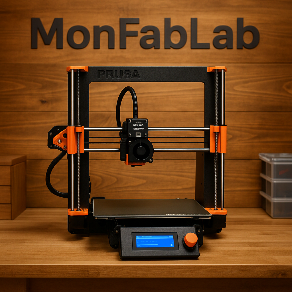 Imprimante 3D Prusa i3 MK3S+ installée au FabLab MonFabLab pour la fabrication numérique
