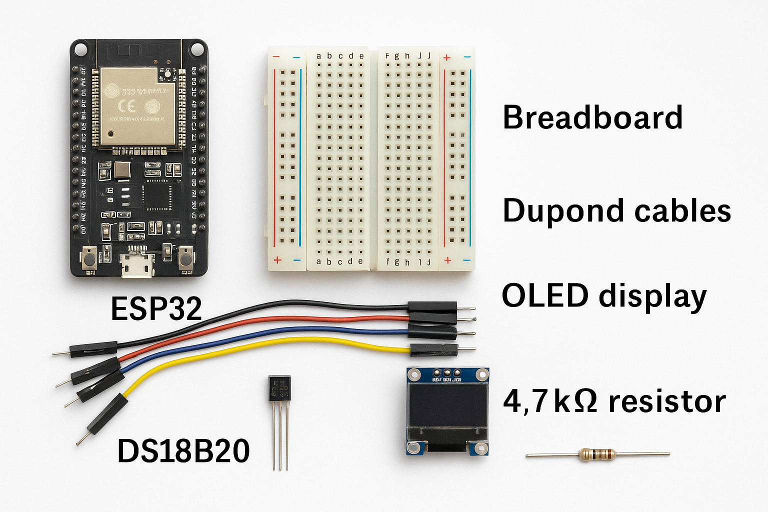 Kit Arduino avec ESP32, breadboard, câbles Dupont, capteur DS18B20, écran OLED et résistance 4,7kΩ