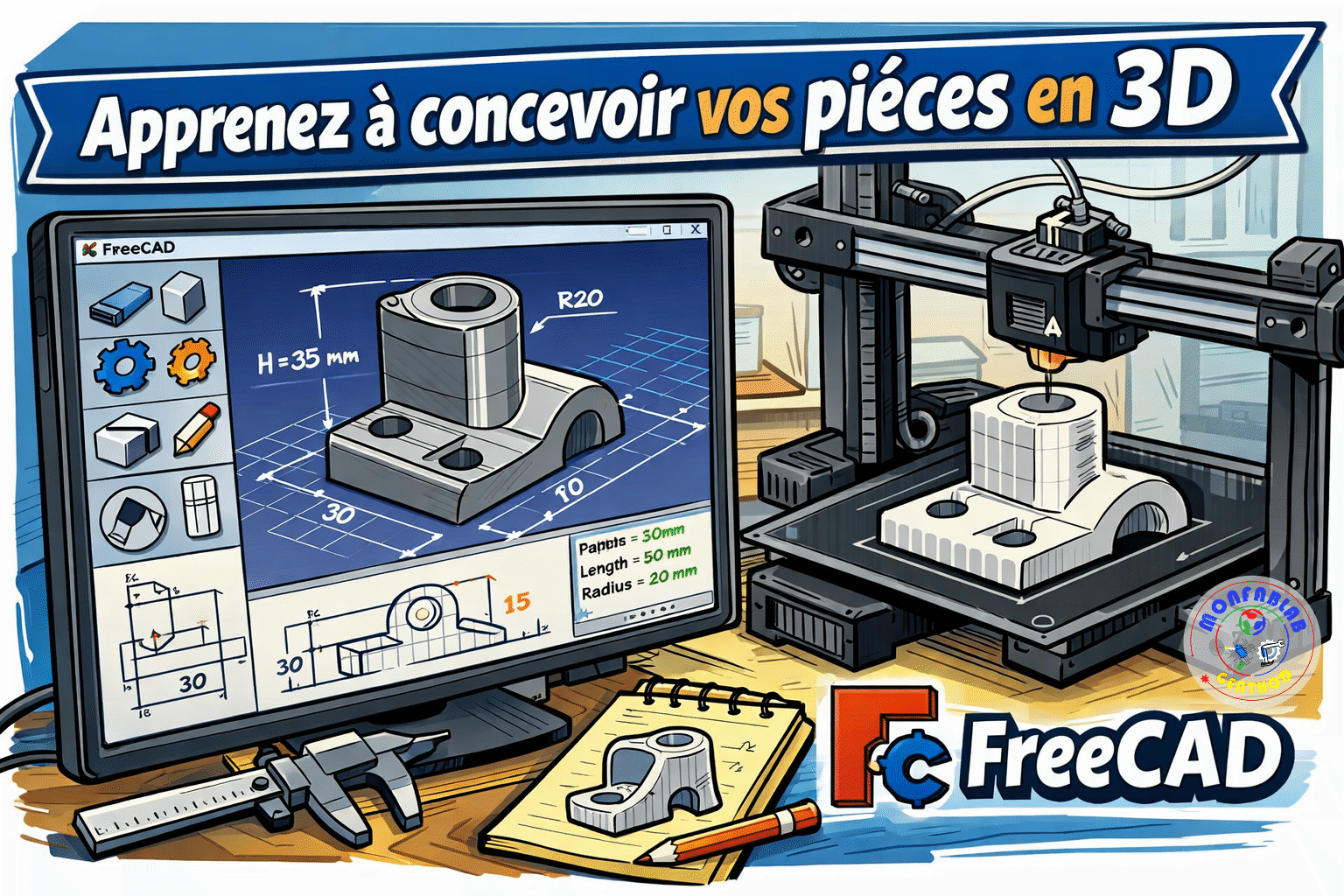 Illustration FreeCAD montrant la modélisation paramétrique d’une pièce 3D et son impression sur imprimante 3D – Atelier MonFabLab Genève 2026